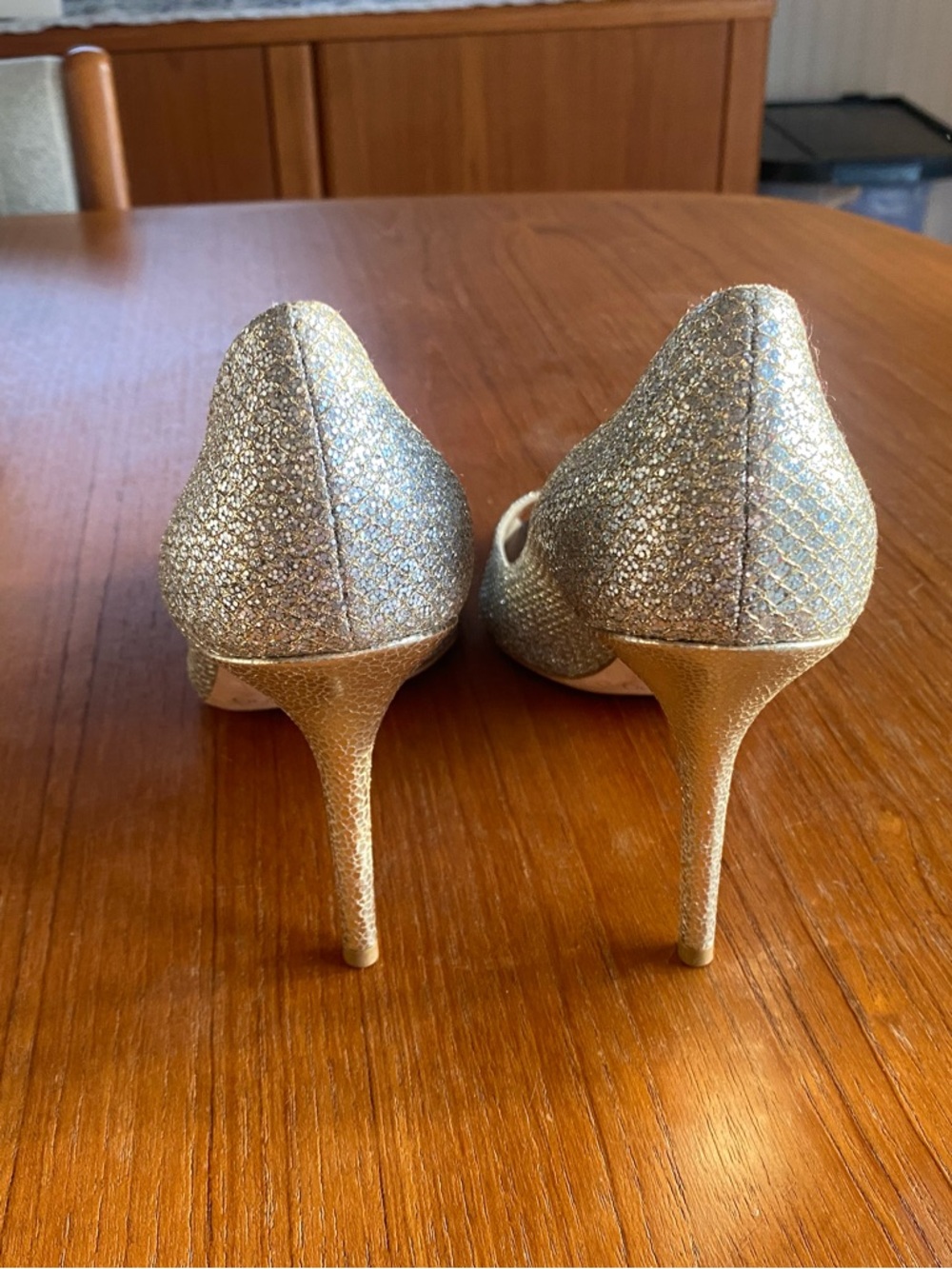 Jimmy Choo Silver Glitter Peep Toe Pumps - Picture 3 of 7